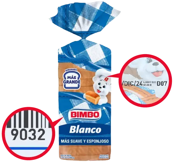 Imágen para identificar el código de barras y fecha en paquete Bimbo